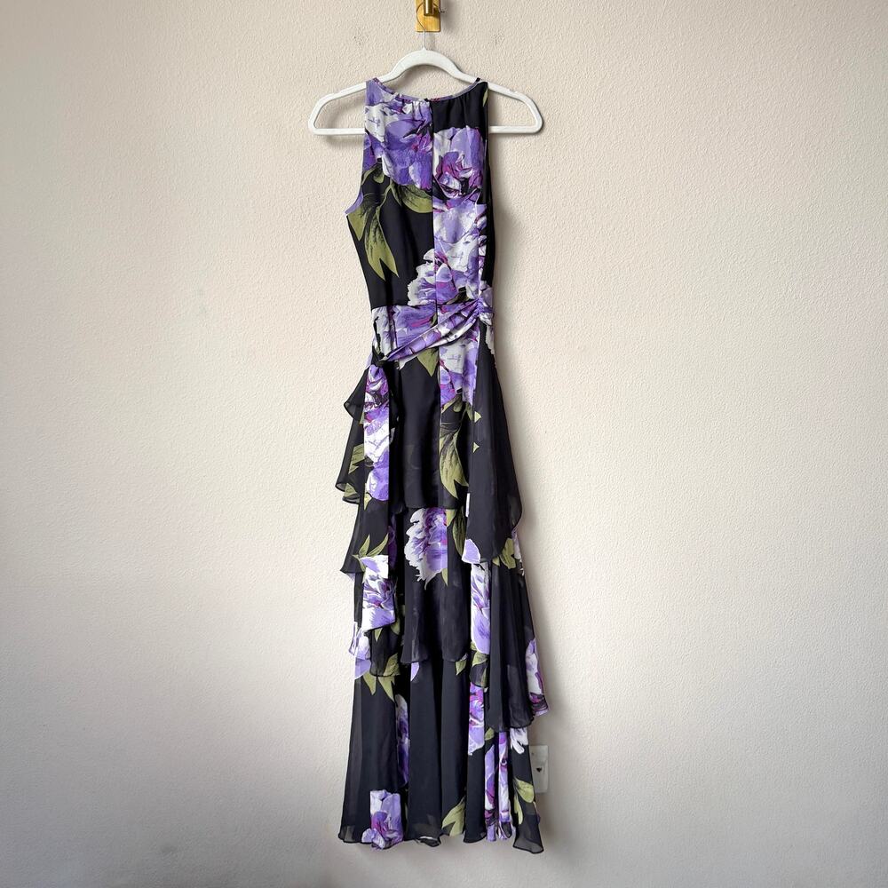 Alex Marie Black Purple Floral Tiered Formal Gown Size 2 - Picture 3 of 5